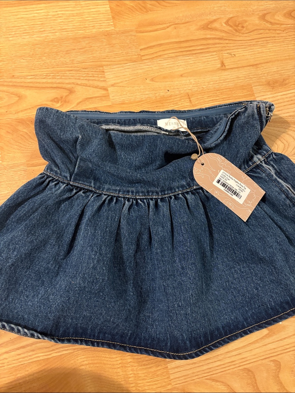 MESHKI Strapless Denim Top / Peplum Bubble Skirt, New with Tags NWT